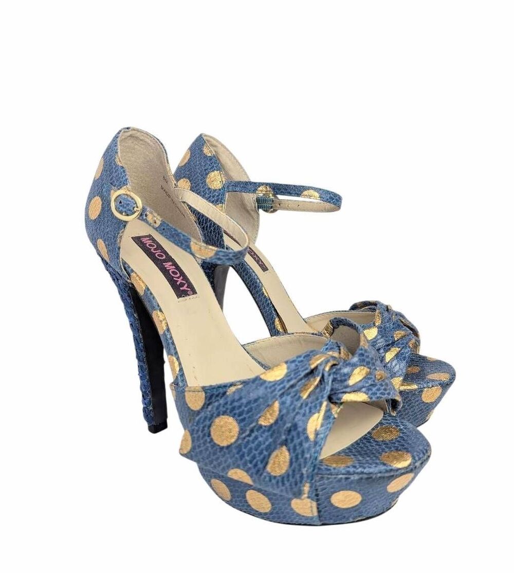 Mojo Moxy Pinup Retro Blue & Gold polka dot bow platform heels womens 8